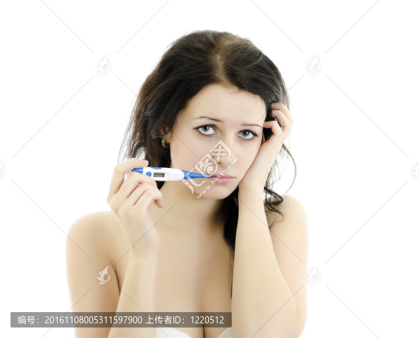 特寫特寫美女與溫度計(jì)。白色孤立。
