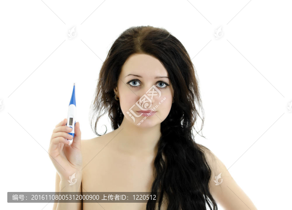 特寫特寫美女與溫度計(jì)。白色孤立。