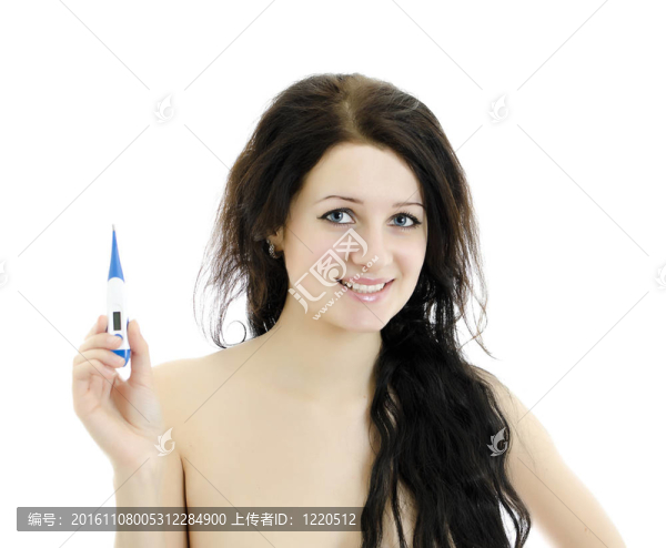 特寫特寫美女與溫度計(jì)。白色孤立。