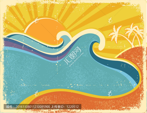 棕櫚海浪海報(bào)。老式的紙張紋理在炎熱的一天海洋景觀復(fù)古說(shuō)明