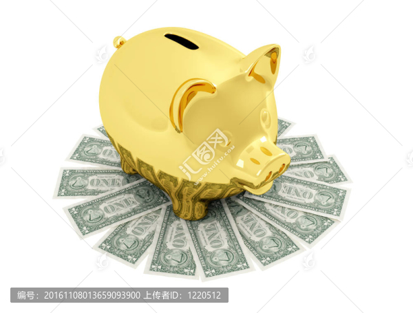 金色的小豬銀行在美元紙幣
