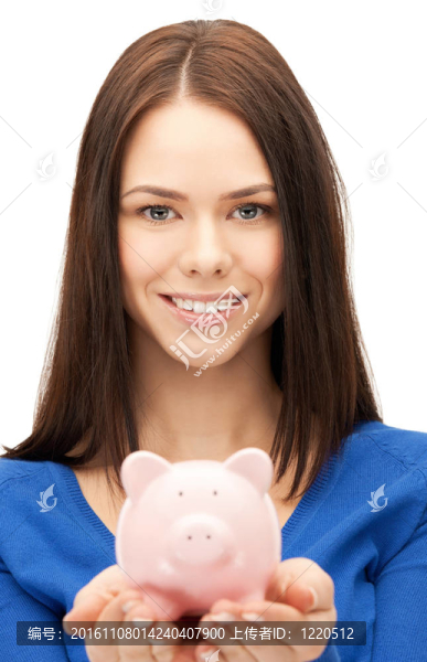 可愛的女人與小豬銀行