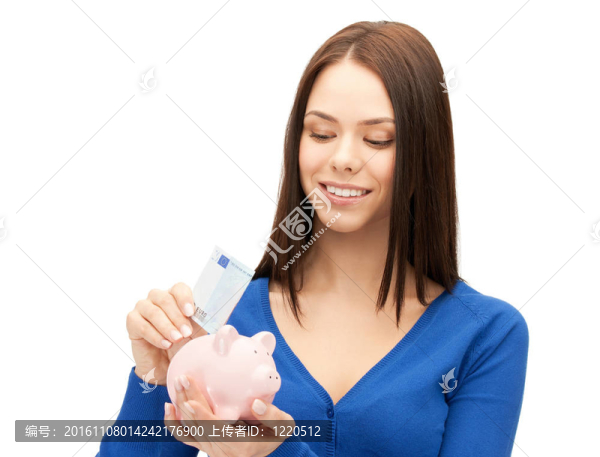可愛的女人與儲蓄罐和錢