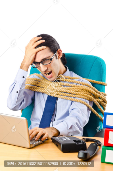 年輕商人用繩子綁著