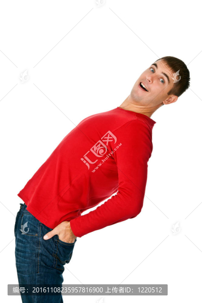 穿紅衣服和牛仔褲的男人