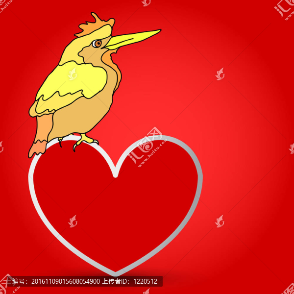 一只鳥(niǎo)坐在心上的明信片。