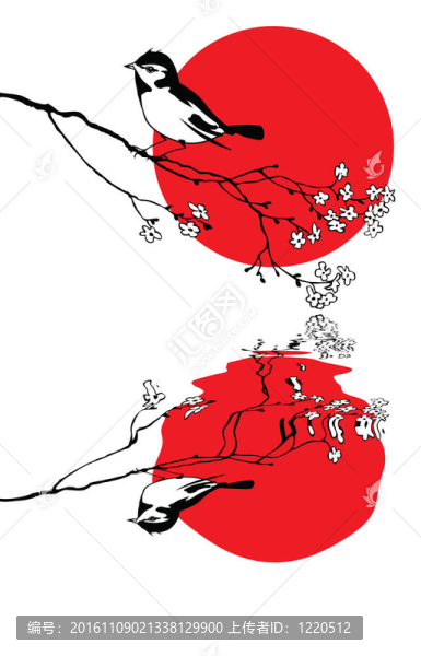 分支輪廓太陽背景的鳥；插圖