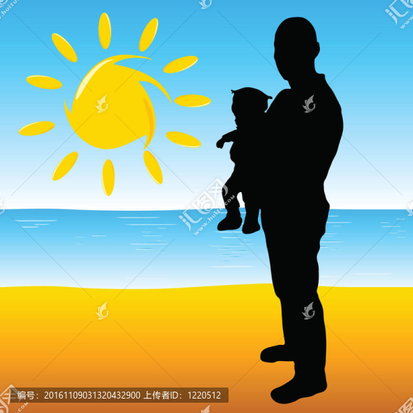 父親帶著一個嬰兒在海灘上