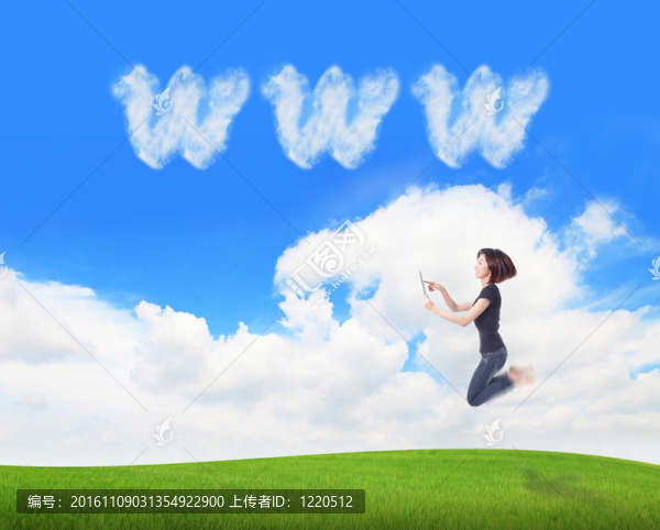 女孩跳和使用平板電腦和萬維網(wǎng)云
