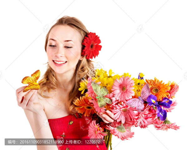 青年女子抱花。