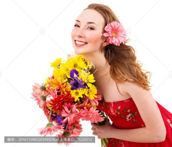 青年女子抱花。