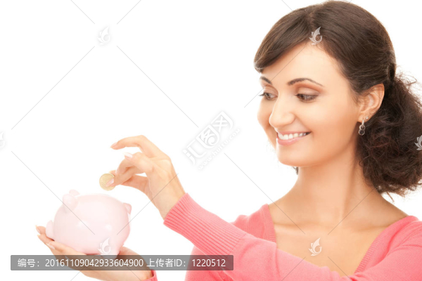 可愛(ài)的女人與儲(chǔ)蓄罐和錢(qián)