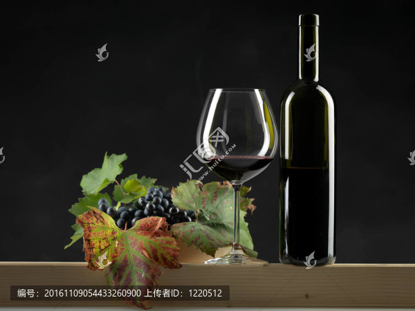 瓶裝紅葡萄酒；玻璃；葡萄黑背景