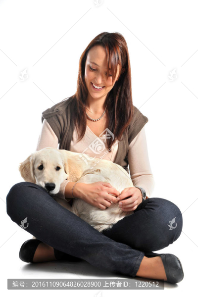 小狗的金毛獵犬和女人