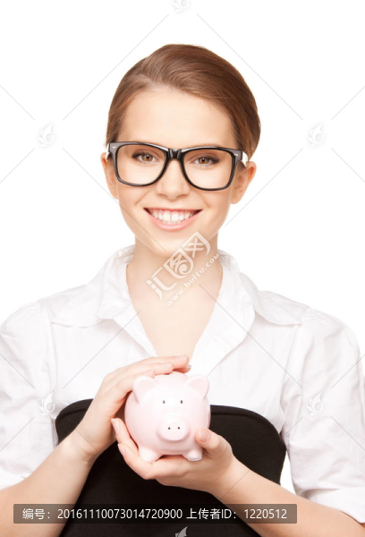 可愛的女人與小豬銀行