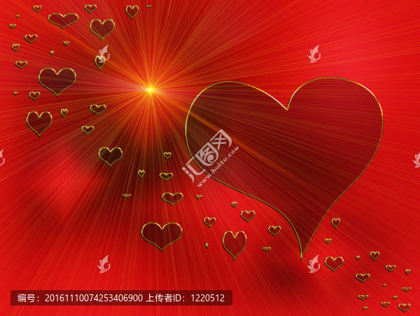 愛的光芒；紅色的心和金色的光芒