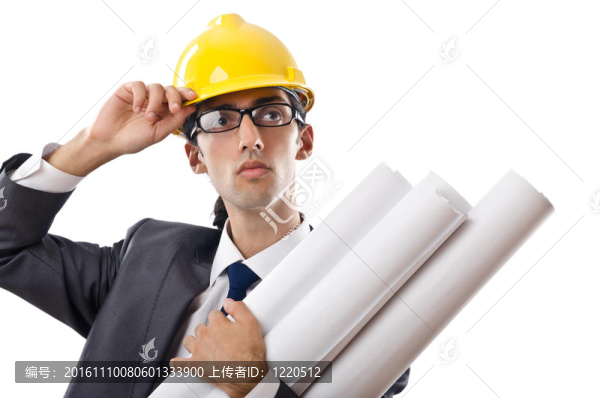 年輕建筑師與圖紙孤立的白色