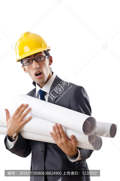 年輕建筑師與圖紙孤立的白色