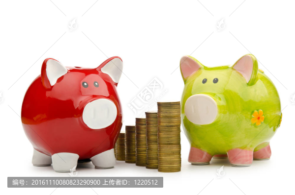 白色的小豬存錢(qián)罐和硬幣