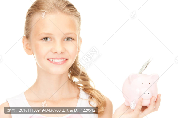 可愛的少女與存錢罐和錢