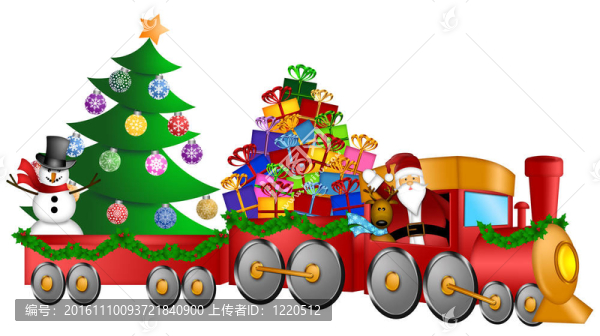 Santa,Reindeer,Snowman在火車上帶著禮物和圣誕樹