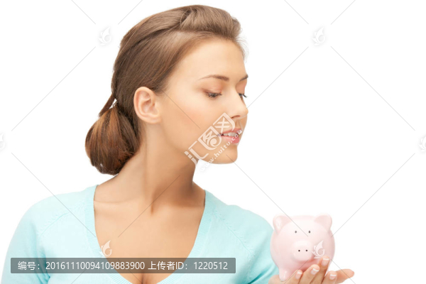可愛的女人與小豬銀行