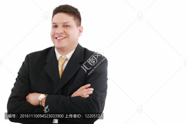 快樂微笑的年輕商人肖像；白色背景上的孤立