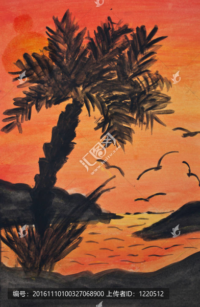 熱帶島嶼和棕櫚樹(shù)在夕陽(yáng)畫(huà)