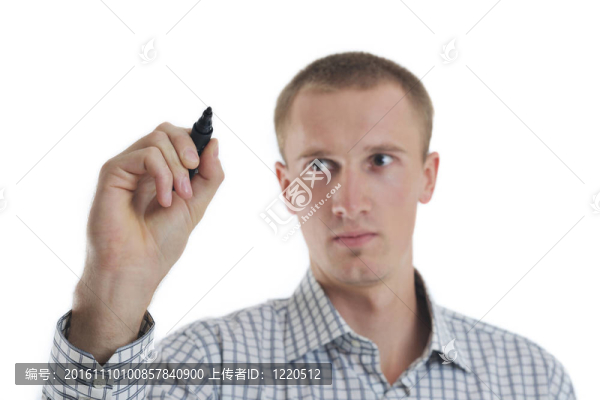 帥氣的年輕商人觸摸屏幕孤立