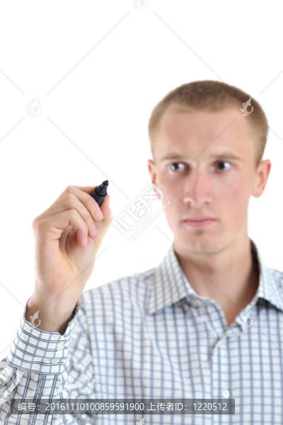 帥氣的年輕商人觸摸屏幕孤立