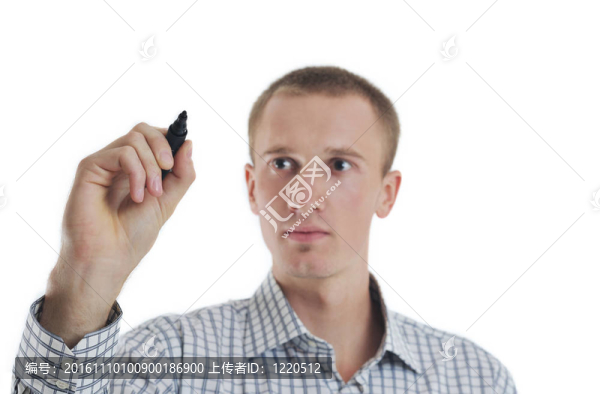 帥氣的年輕商人觸摸屏幕孤立