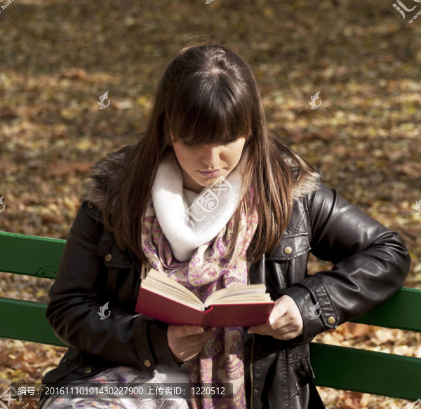 美女坐在公園長椅上看書