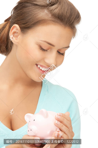 可愛的女人與小豬銀行