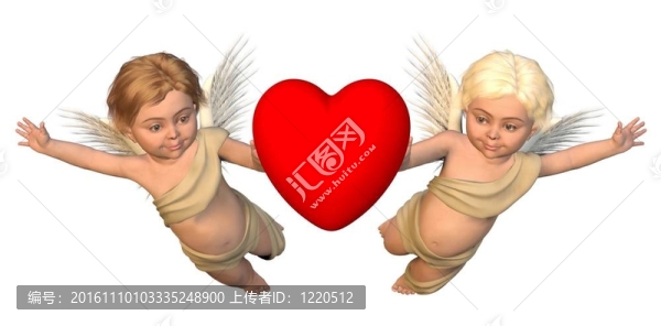 有翅膀的小天使和紅色的心