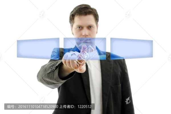 商人在觸摸屏界面上推一個空按鈕。放置你的文本。白色孤立。