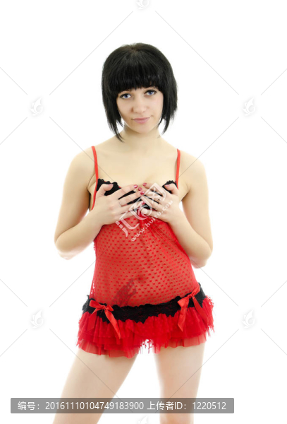 黑發(fā)紅內(nèi)衣冒充。白色背景中分離。