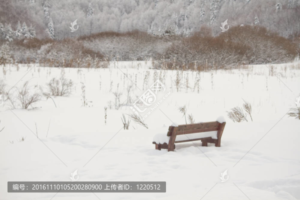 長(zhǎng)凳上覆蓋著雪的野餐地