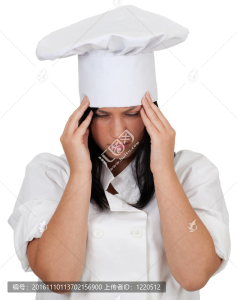 女廚師穿著白色制服和帽子痛苦