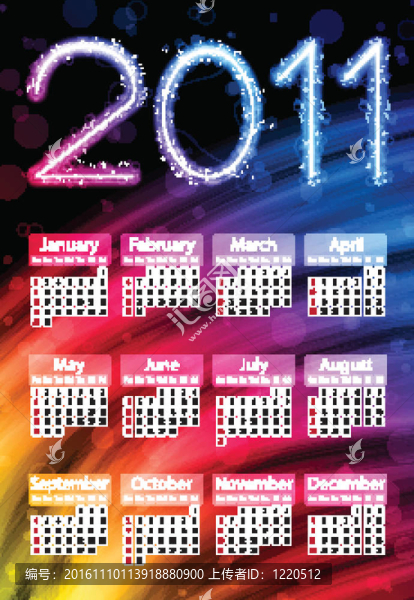 彩色2011日歷黑色背景。彩虹的顏色