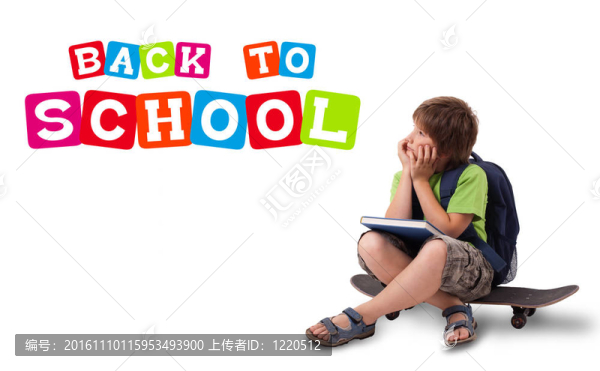 回到學(xué)校的主題孤立在白色的滑板小子