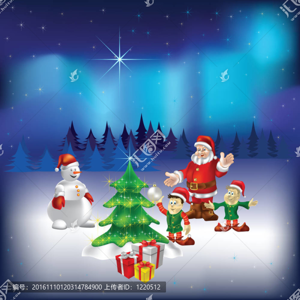 森林中的Santa,Claus,snowman和小矮人