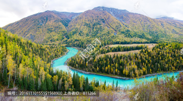 秋季喀納斯月亮灣高清寬幅全景圖