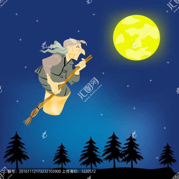 老巫婆與掃帚飛在夜空
