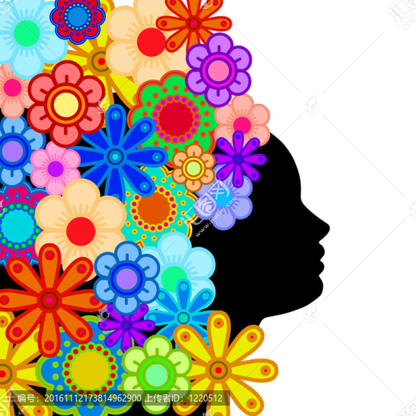 女人臉上的輪廓與Colorful,Flowers的頭發(fā)