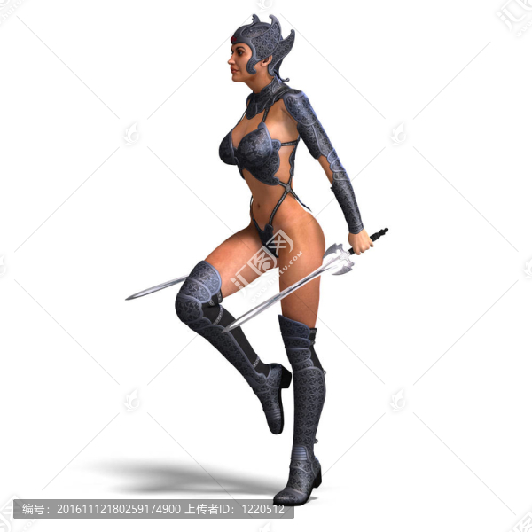 女亞馬遜戰(zhàn)士與劍和裝甲。3D渲染與剪輯路徑和陰影超過白色