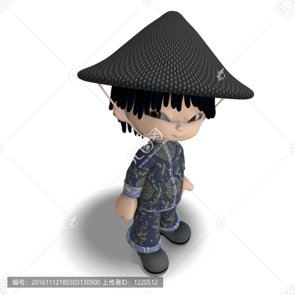 中國的卡通小男孩如此可愛和有趣。3D渲染與剪輯路徑和陰影超過白色