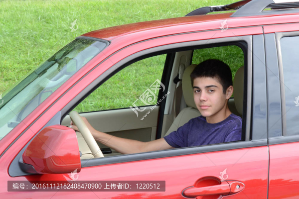 新的十幾歲的司機坐在他的新車