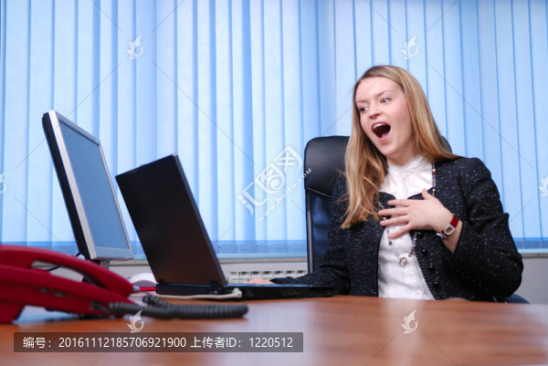 微笑的年輕女商人正在辦公室里一臺筆記本電腦。