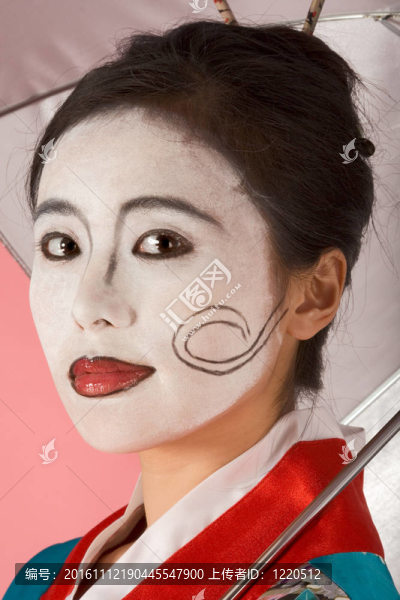 藝妓日本女人用雨傘和facepaint