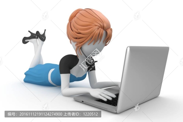 3D女孩在筆記本電腦上工作
